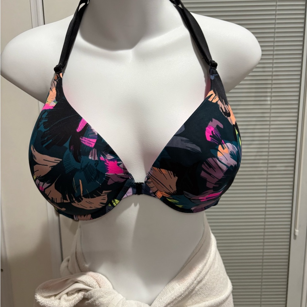 Victoria's Secret Black and Pink Floral Bra Bikini Top